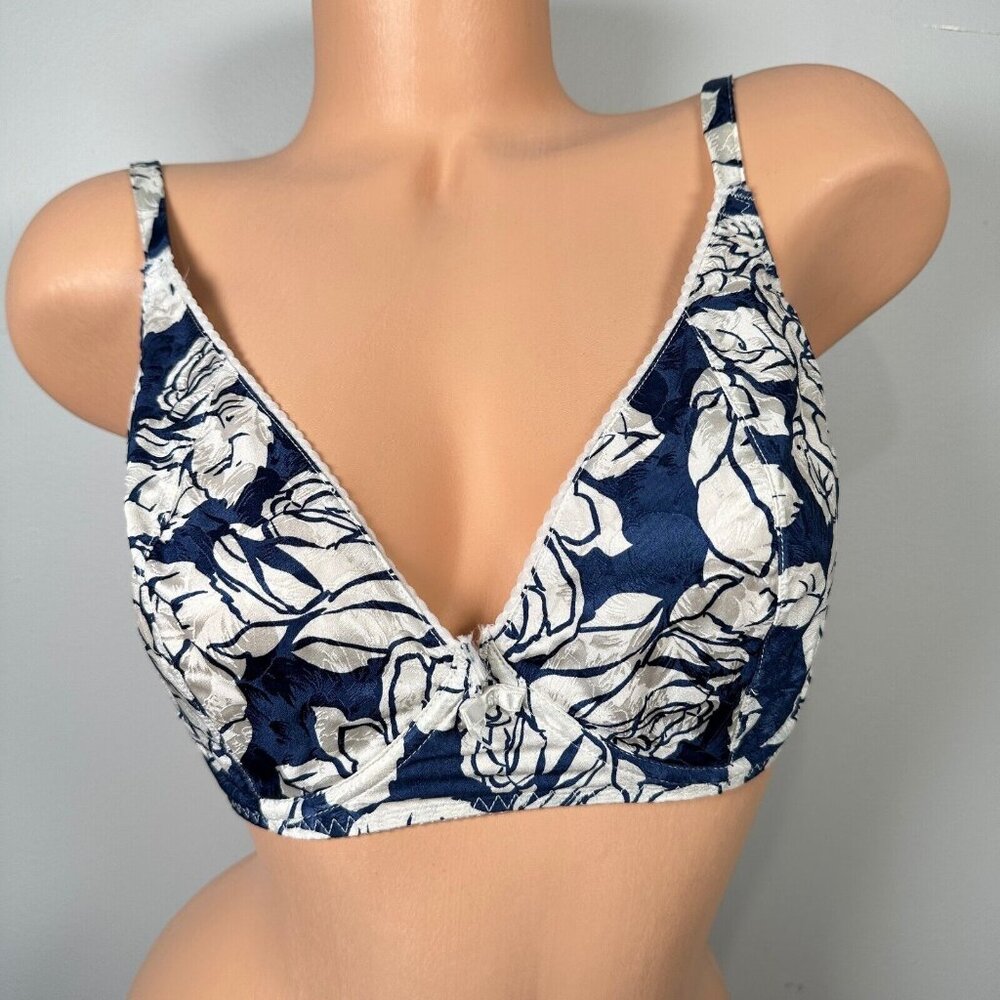 Vintage Adriana‎ Papell 34D Bra Floral Blue White Silk Underwire Plunge 6430 - Picture 3 of 14